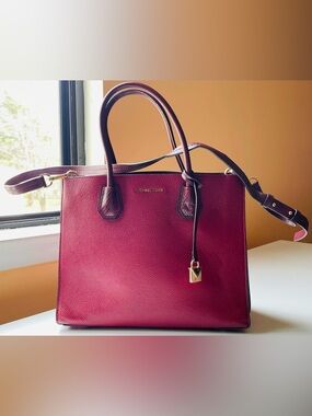 Michael Kors Large Accordion Structured Leather Tote Bag in Deep Berry